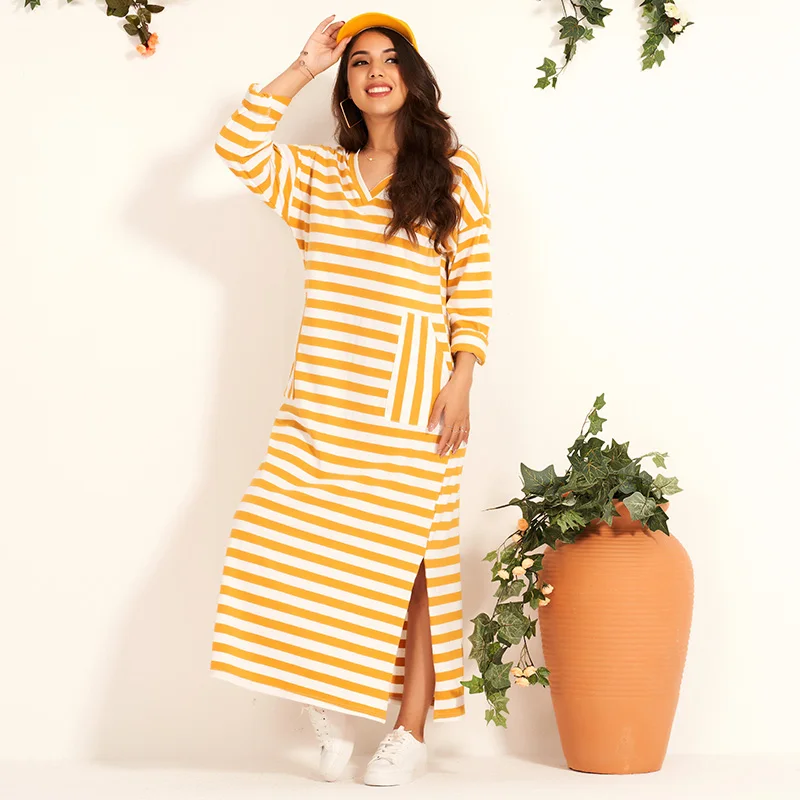 Summer New Women's V-neck Sweet Style Long-sleeved Striped Knitted Stretch Loose Open End Arabian Dress Large Size Women's Long
Summer New Women's V-neck Sweet Style Long-sleeved Striped Knitted Stretch Loose Open End Arabian Dress Large Size Women's Long