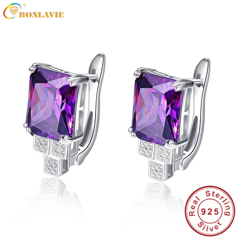 

BONLAVIE Purple Piercing Earrings Clip Design Women Amethyst Stone Ear Studs 100% Silver 925 Bridal Wedding Party Fine Jewelry