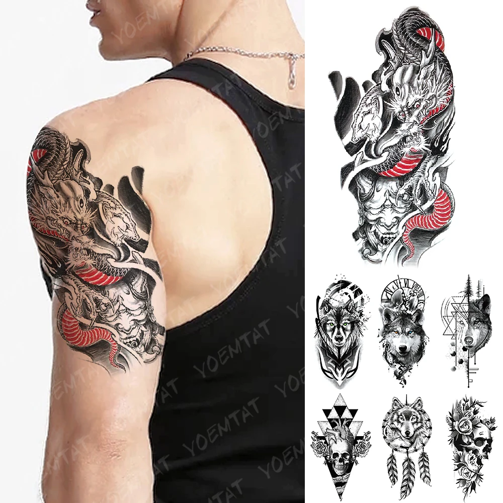 

Водостойкая временная татуировка наклейка Японский дракон праджна флэш-татуировки волк Тотем Череп боди-арт рука поддельные татуировки дл...