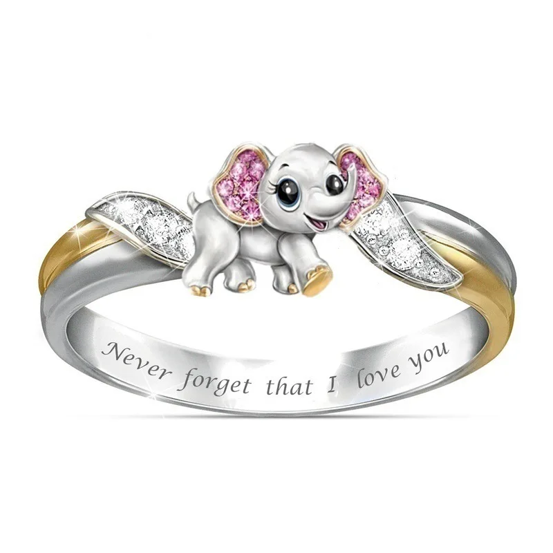 "Never Forget I Love You" Silver Cute Pink Elephant Crystal Zircon Engagement Ring Accessories Lover's Gift Anniversary Jewelry |