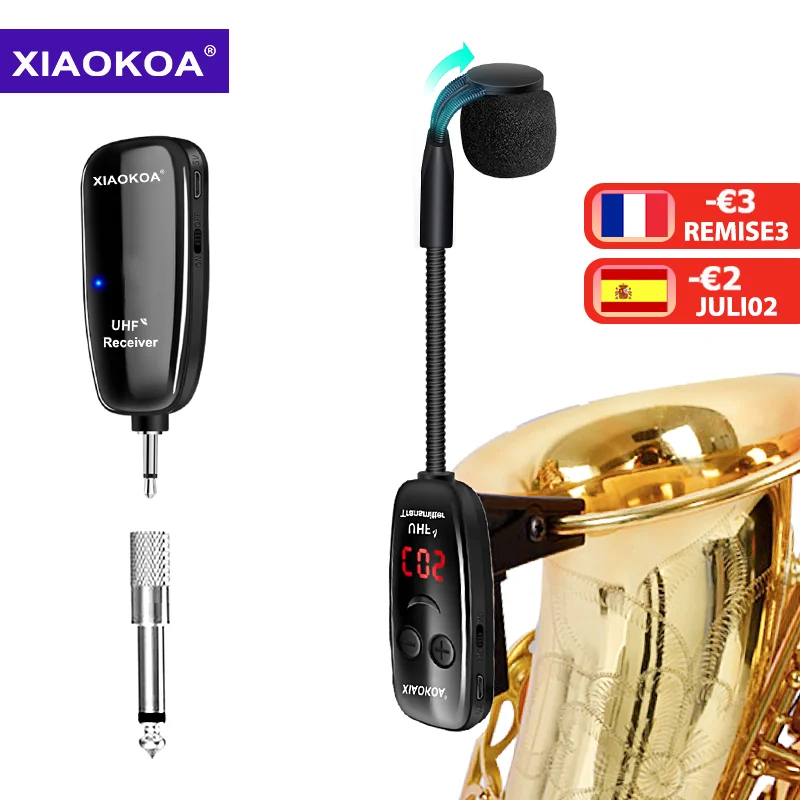 

XIAOKOA UHF Wireless Instruments Saxophone Microphone Wireless Receiver Transmitter,160ft Range,Plug and Play,Great for Trumpets