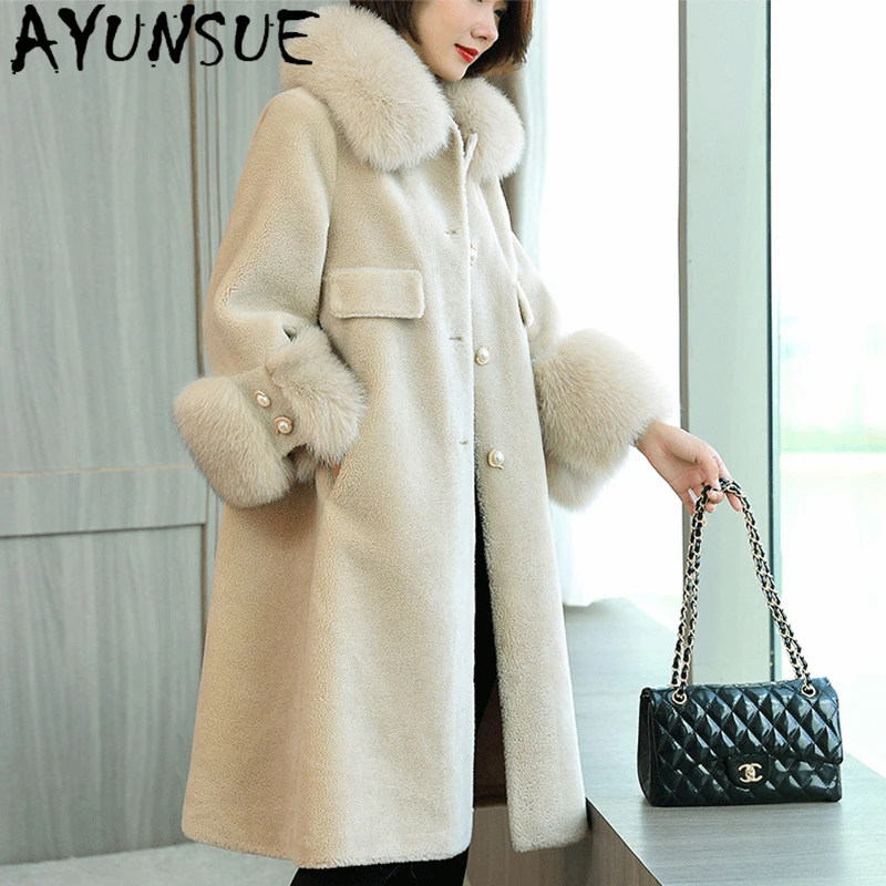 

AYUNSUE 2020 пальто с натуральным мехом, Женская 100% шерсть, осенне-зимняя одежда, Женская куртка с воротником из лисьего меха, Корейская женская к...