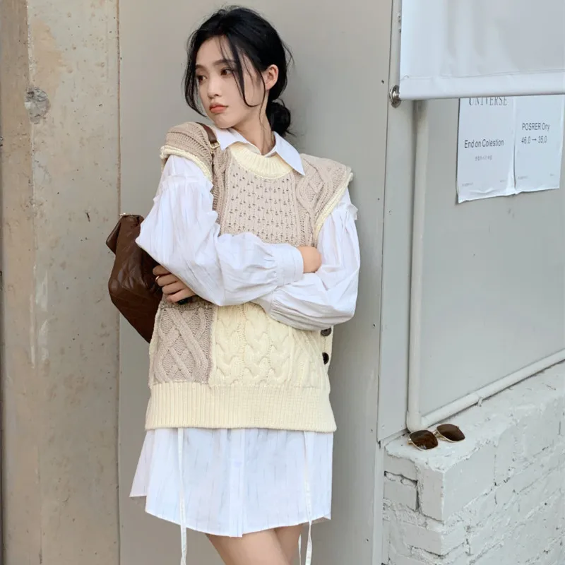 Loose Retro Stitching Knitted Vest + Solid Long Shirt 2 Pieces Set Women Casual Chic Set Women Patchwork Vest
Loose Retro Stitching Knitted Vest + Solid Long Shirt 2 Pieces Set Women Casual Chic Set Women Patchwork Vest
