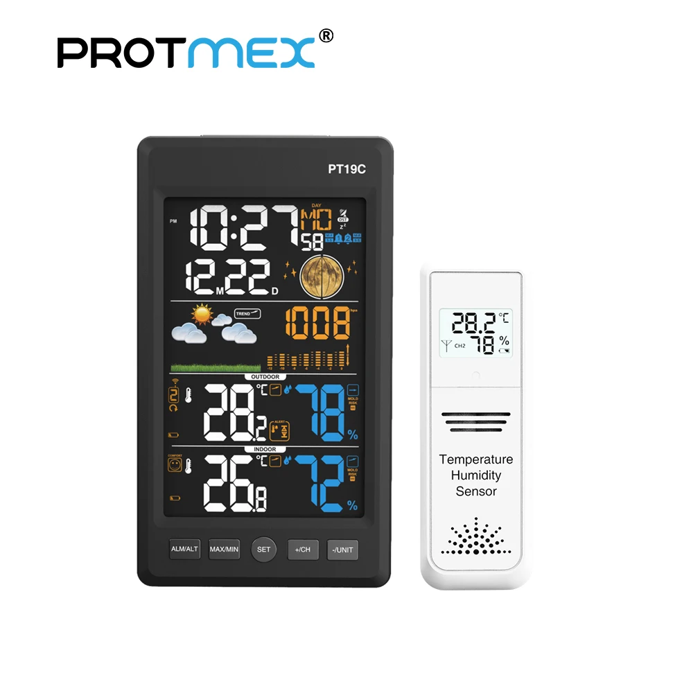 Метеостанция Protmex Беспроводная цветная PT19C с будильником датчиком температуры