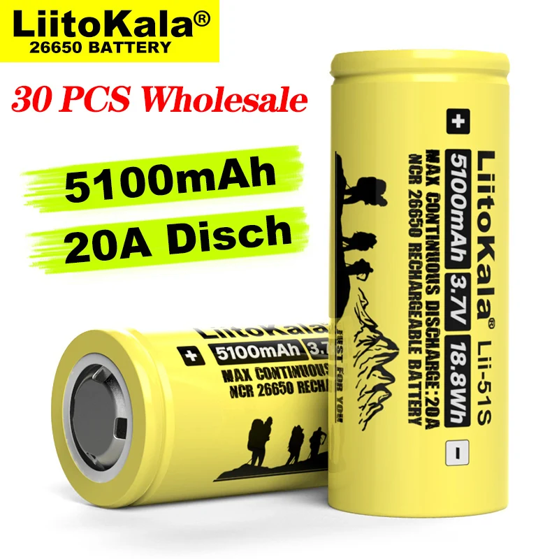 30PCS Wholesale Liitokala LII-51S 26650 20A power rechargeable lithium battery 26650A 3.7V 5100mA Suitable for flashlight
30PCS Wholesale Liitokala LII-51S 26650 20A power rechargeable lithium battery 26650A 3.7V 5100mA Suitable for flashlight