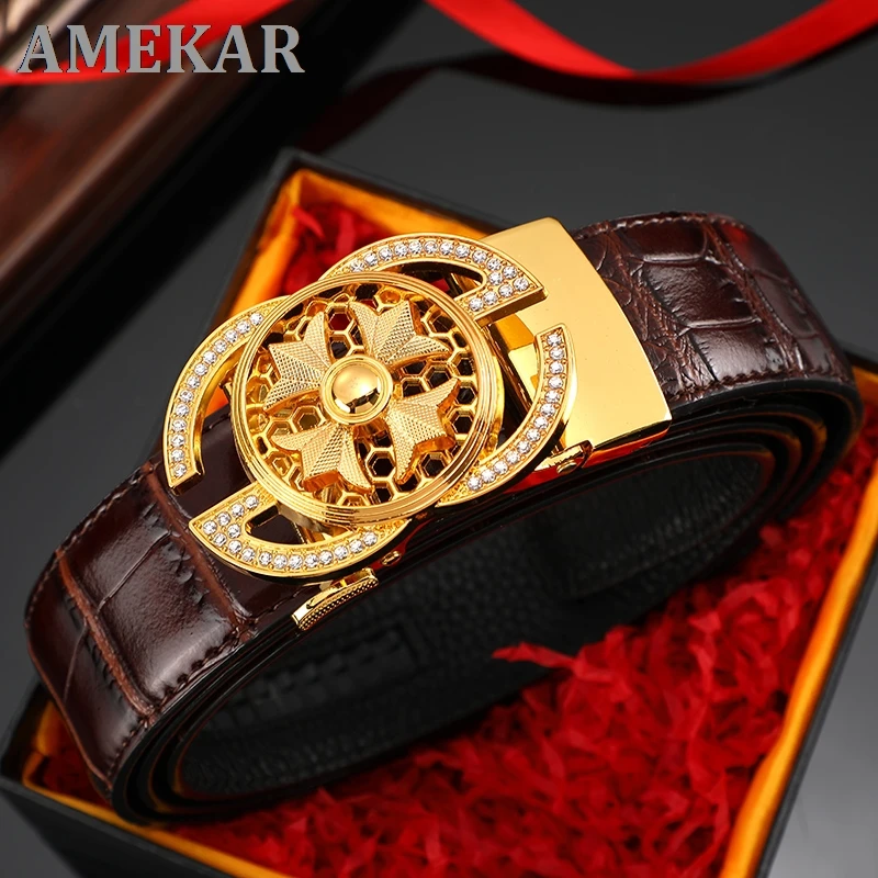 Luxury Genuine Leather Men Belt Jeans Rhinestone Metal Rotatable Belt Buckle High Quality Business Belt Male Waistband Belts New
Luxury Genuine Leather Men Belt Jeans Rhinestone Metal Rotatable Belt Buckle High Quality Business Belt Male Waistband Belts New