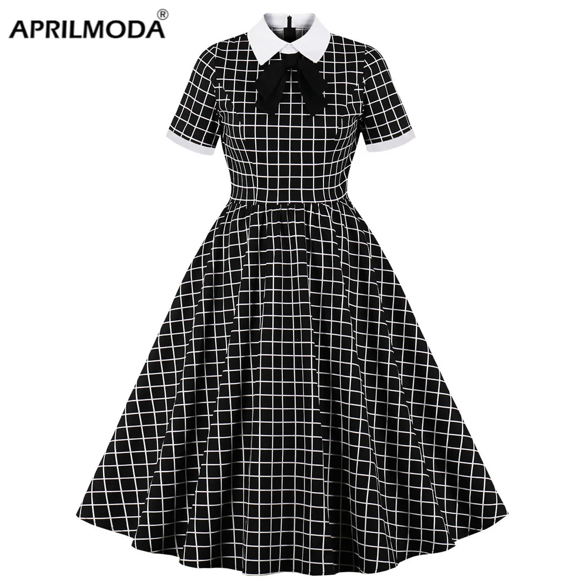 

50s 60s Retro Plaid Vintage Tunic Dress Rockabilly Black Gingham Office Bow Neck Casual Party Jurken A Line Swing Midi Dresses