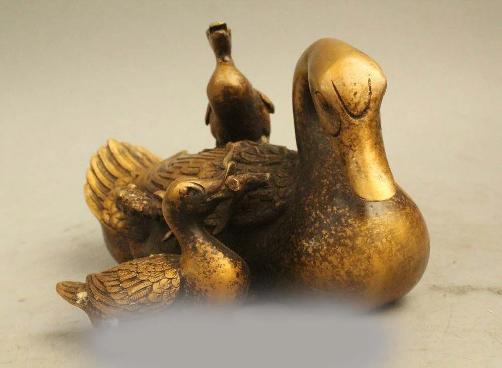 4 "Китайский латунный по феншуй Lucky Duck Лебедь мать сын статуя животного