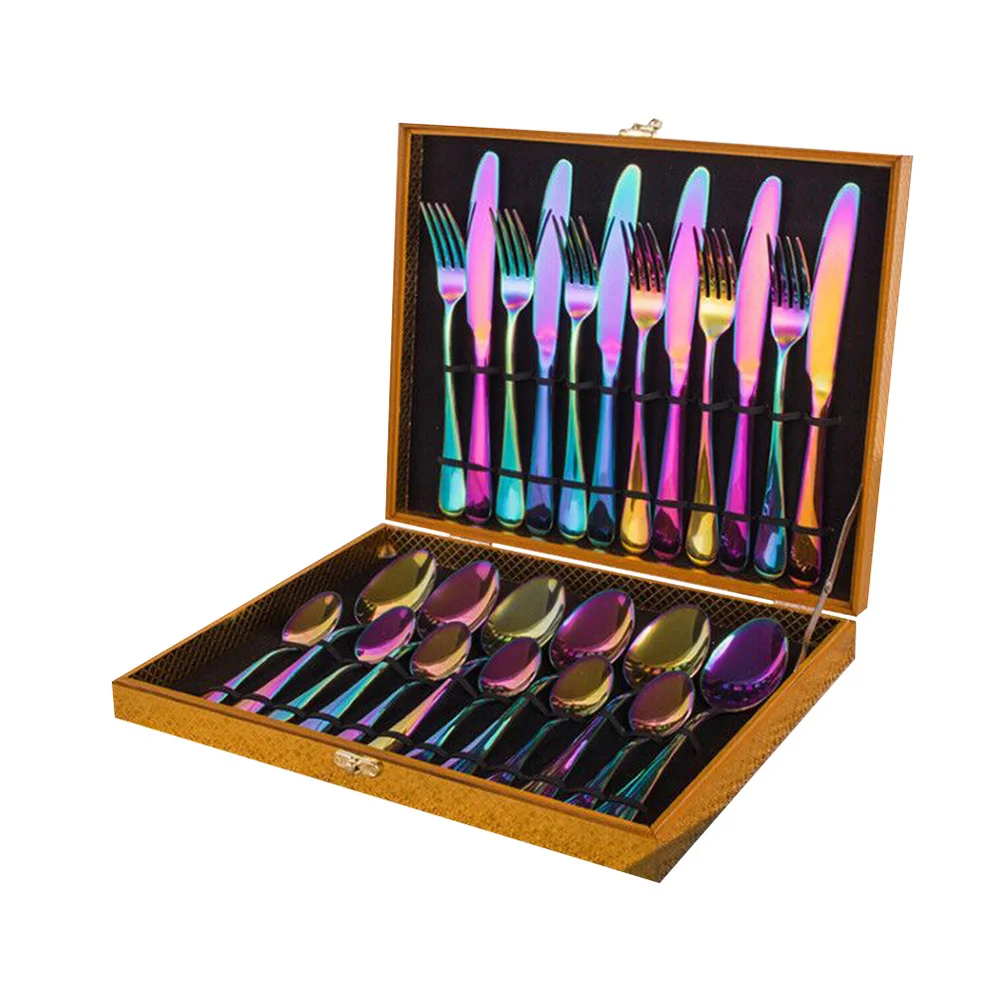 24 in 1 Stainless Steel Tableware Set Spoon Fork Cutlery Wooden Box Western Dinnerware Supplies (Colorful)
24 in 1 Stainless Steel Tableware Set Spoon Fork Cutlery Wooden Box Western Dinnerware Supplies (Colorful)