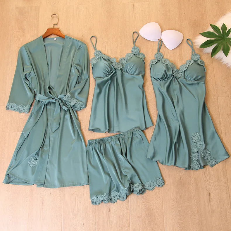 Satin Sleepwear Female with Chest Pads Sexy Women Pajamas Lace Slik Sleep Lounge 4 Pieces Sets Elegant Ladies Indoor Clothing
Satin Sleepwear Female with Chest Pads Sexy Women Pajamas Lace Slik Sleep Lounge 4 Pieces Sets Elegant Ladies Indoor Clothing