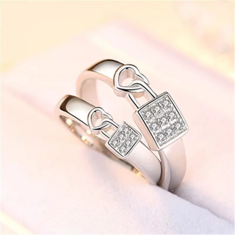 

Delicate Cardioid Lock Adjustable Ring Inlay Dazzling Small Zircon Korean Style Couple Geometry Jewelry For Men Women Wedding