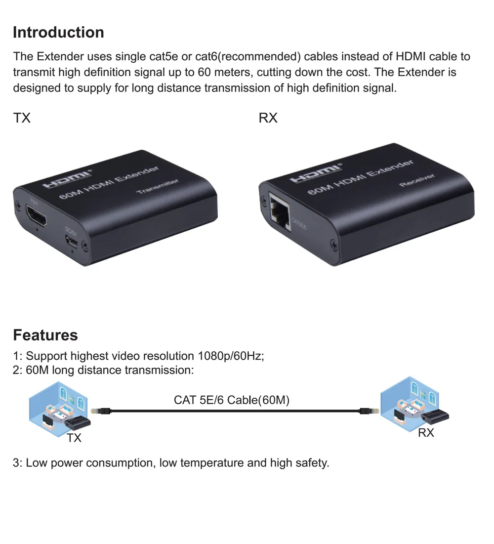 1080P HDMI-совместимый удлинитель передатчик приемник Cat5e/Cat6 RJ45 Ethernet-кабеля до 60 м для