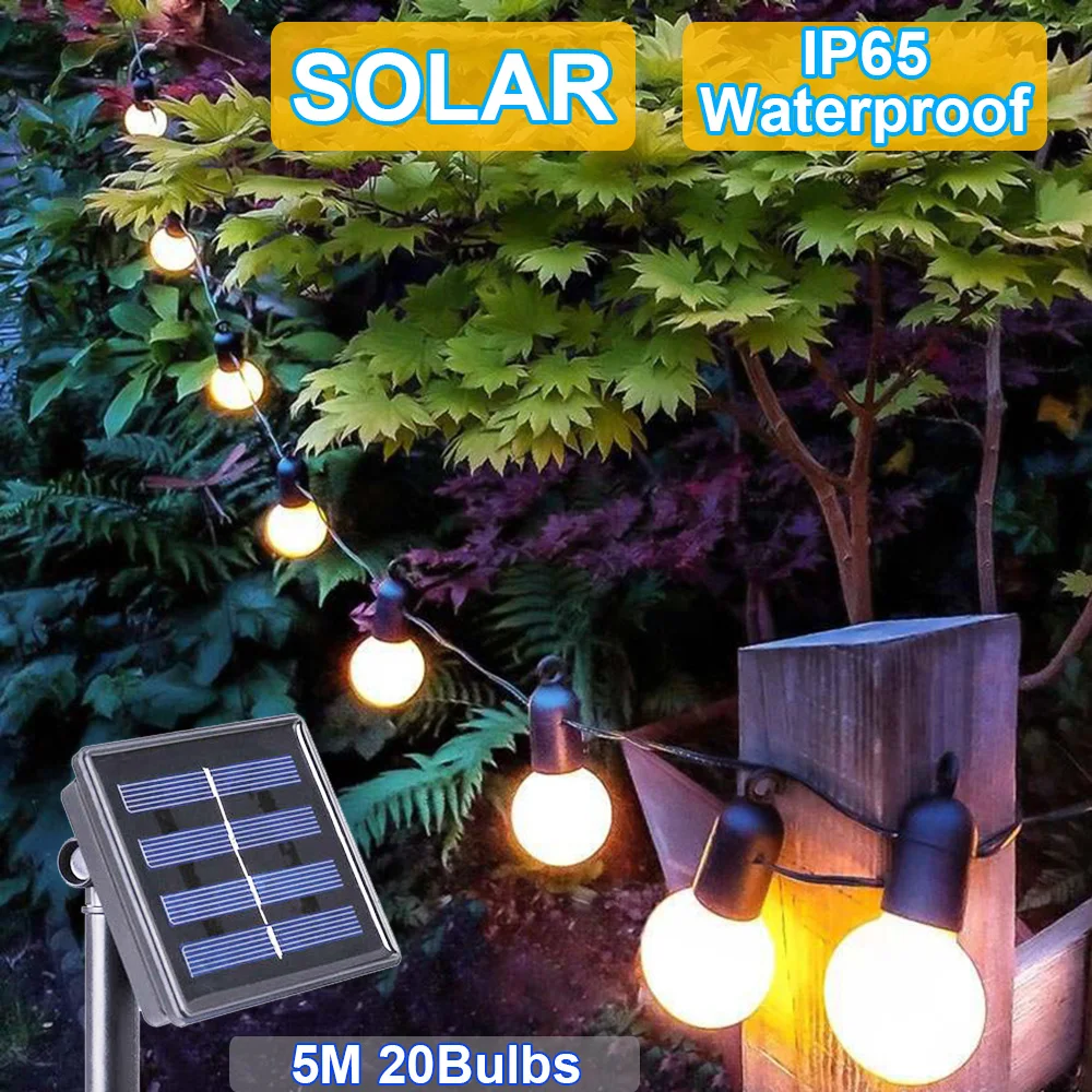 5m Solar LED String Light G50 20 Bulb Fairy String Lights Waterproof Outdoor Garland Lamps Garden Christmas Holiday Party Decor
5m Solar LED String Light G50 20 Bulb Fairy String Lights Waterproof Outdoor Garland Lamps Garden Christmas Holiday Party Decor