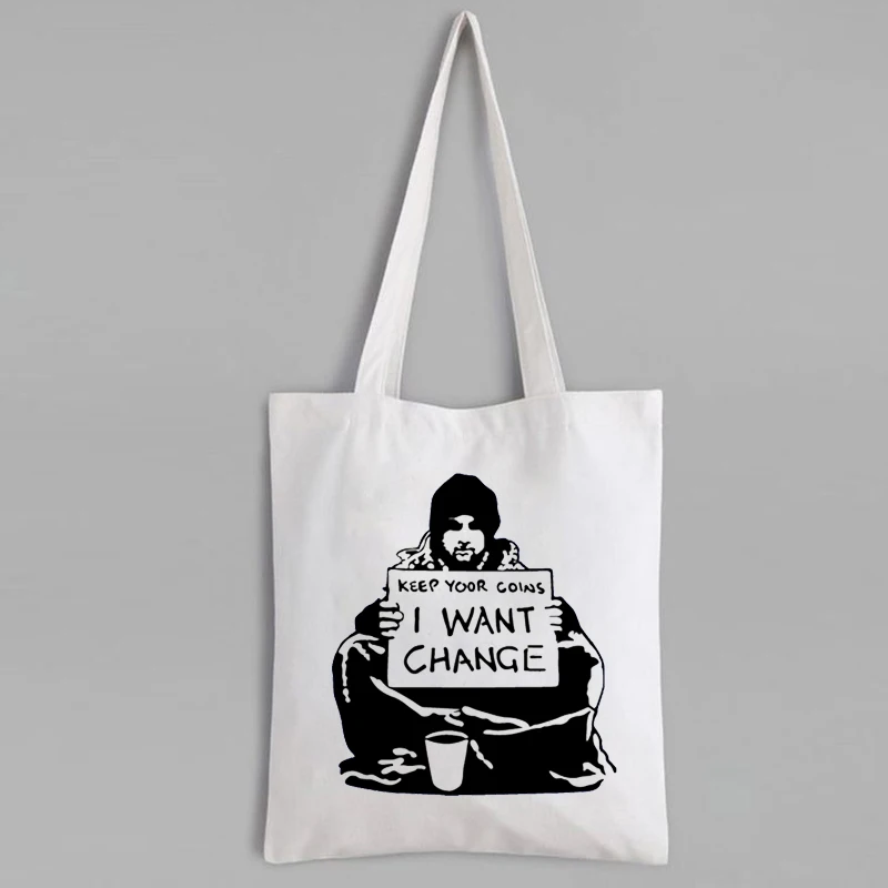 Banksy Art Canvas Bag I Want Change Tote Bag Reusable Shopping Bags Eco Friendly Funny Art Canvas Tote Bag Preppy Style 
Banksy Art Canvas Bag I Want Change Tote Bag Reusable Shopping Bags Eco Friendly Funny Art Canvas Tote Bag Preppy Style