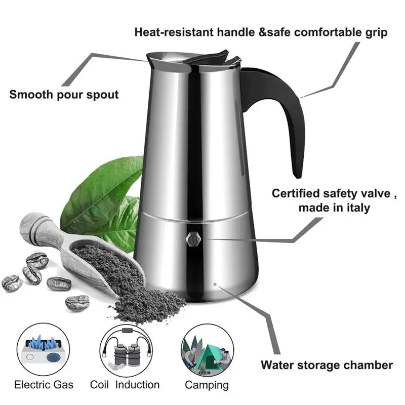 Stainless Steel Moka Coffee Pot Top Espresso Percolator Electric Italian Moka Coffee Maker Stove Coffeeware Cafe Accessories Hot
Stainless Steel Moka Coffee Pot Top Espresso Percolator Electric Italian Moka Coffee Maker Stove Coffeeware Cafe Accessories Hot