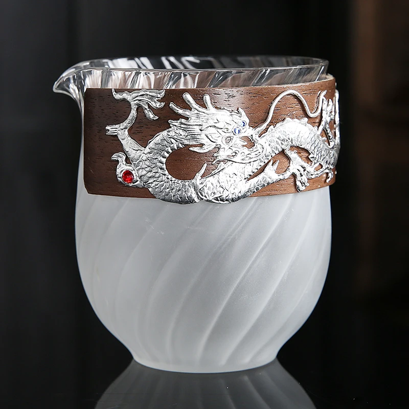 

290ml Mug Chinese Fair Cup Crystal Glass Cups Kung Fu Teaware Accessories Tea Mugs with Silver Dragon Phoenix Chahai Crafts Gift