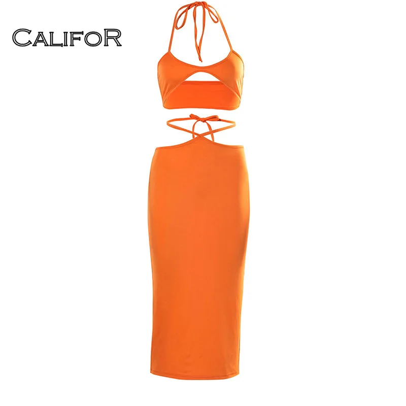 Solid Orange Halter Backless Sundresses Summer Women's Dress 2021 2 Piece Set Sexy BeachWear Strap Bodycon Long Dress for Women 
Solid Orange Halter Backless Sundresses Summer Women's Dress 2021 2 Piece Set Sexy BeachWear Strap Bodycon Long Dress for Women