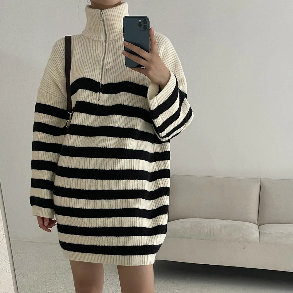 Korean Fashion 2021 Autumn Winter Womens Dress Zipper Pullover Stripe Long Sleeve Thicken Warm Knitting Casual Women
Korean Fashion 2021 Autumn Winter Womens Dress Zipper Pullover Stripe Long Sleeve Thicken Warm Knitting Casual Women