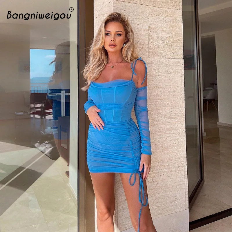 

Bangniweigou Slash Neck Mesh Perspective Stitching Sexy Sling Dress Ruched Bodycon Party Sheath with Sleeves 2022 Spring Dresses
