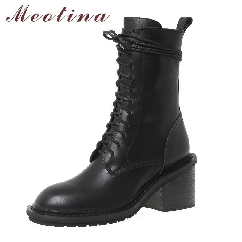 Meotina Motorcycle Boots Women Shoes Real Leather Chunky Heels Mid Calf Boots Cross Tied Zip High Heel Ladies Boots Black 33-40
Meotina Motorcycle Boots Women Shoes Real Leather Chunky Heels Mid Calf Boots Cross Tied Zip High Heel Ladies Boots Black 33-40