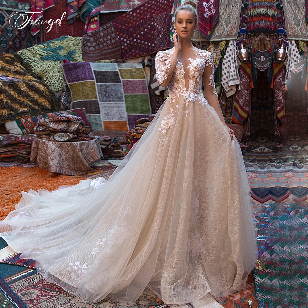 Traugel Luxury Scoop A Line Lace Wedding Dresses Shiny Applique Long Sleeve Bride Dress Cathedral Train Bridal Gowns Plus Size
Traugel Luxury Scoop A Line Lace Wedding Dresses Shiny Applique Long Sleeve Bride Dress Cathedral Train Bridal Gowns Plus Size