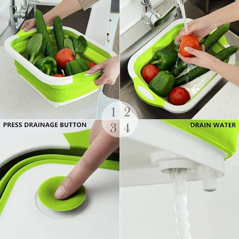 Collapsible Cutting Board with Colander, Portable Washing Fruits Food Grade Sink Storage Basket with Draining Plug
Collapsible Cutting Board with Colander, Portable Washing Fruits Food Grade Sink Storage Basket with Draining Plug