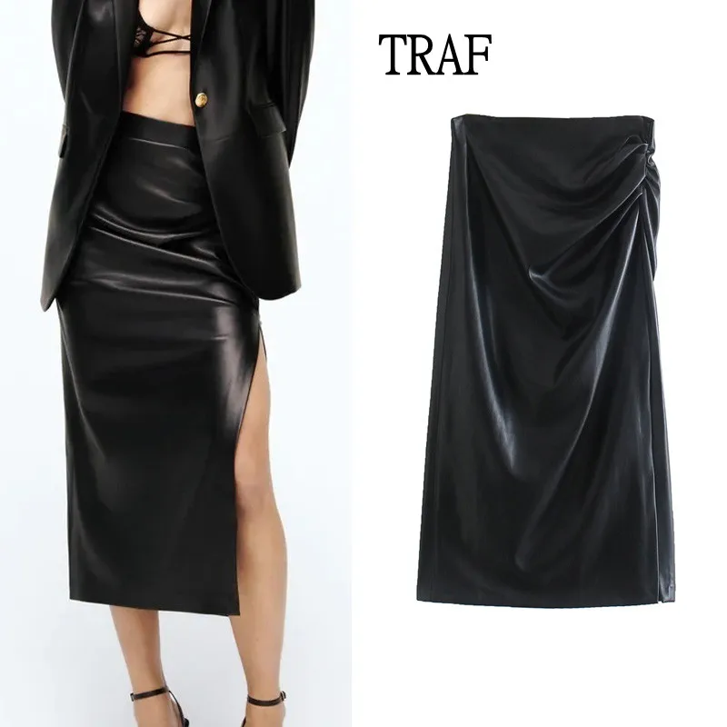 TRAF Women Faux Leather Long Skirts 2021 Vintage Ruched High-Waisted Skirt Women Korean Fashion Black Skirt With Side Slit
TRAF Women Faux Leather Long Skirts 2021 Vintage Ruched High-Waisted Skirt Women Korean Fashion Black Skirt With Side Slit