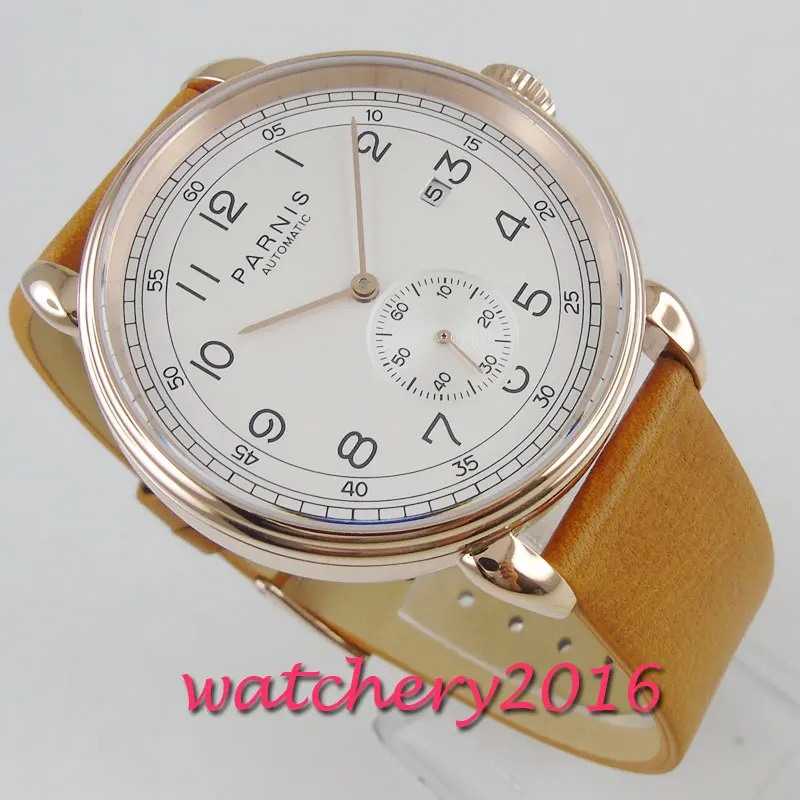 42mm PARNIS White Dial Date Indicator Leather Rose Golden plated Solid Case Automatic Mechanical men's Watch
42mm PARNIS White Dial Date Indicator Leather Rose Golden plated Solid Case Automatic Mechanical men's Watch