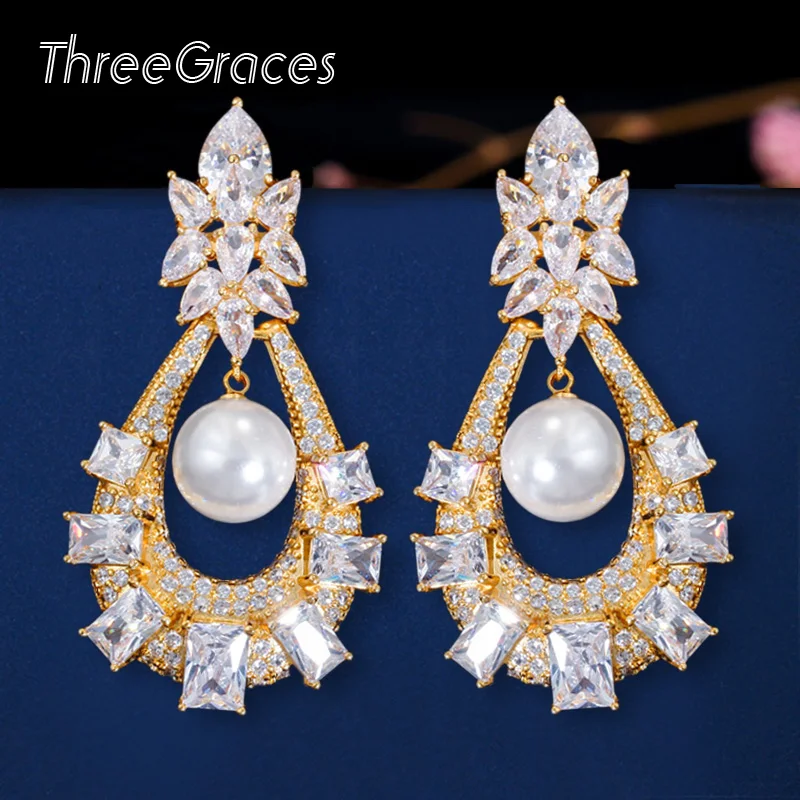 ThreeGraces Luxury Indian 18k Gold Cubic Zirconia Big Long Dangling Pearl Drop Earrings Wedding Party Jewelry for Women ER355
ThreeGraces Luxury Indian 18k Gold Cubic Zirconia Big Long Dangling Pearl Drop Earrings Wedding Party Jewelry for Women ER355
