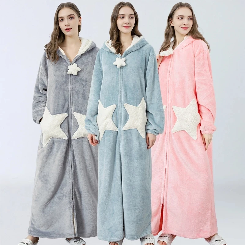 Star Flannel Women Long Bathrobes Hooded Zipper Warm Loose Ladies Robes Long Sleeve Terry Thick Homewear for Female 2021 Fashion
Star Flannel Women Long Bathrobes Hooded Zipper Warm Loose Ladies Robes Long Sleeve Terry Thick Homewear for Female 2021 Fashion