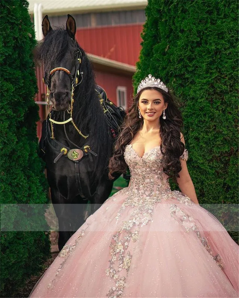 Розовое платье принцессы для Quinceanera с открытыми плечами 15 вечерние блестящие
