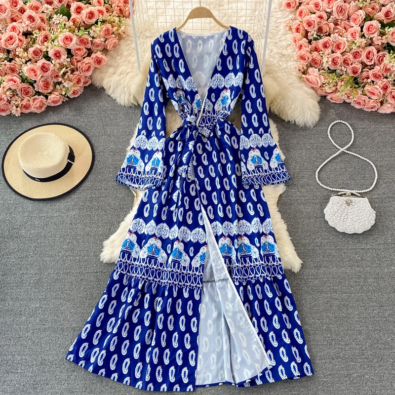 Bohemian Print Holiday Style Big Swing Long Skirt Spring and Autumn French Super Fairy Retro Print V-neck Dress
Bohemian Print Holiday Style Big Swing Long Skirt Spring and Autumn French Super Fairy Retro Print V-neck Dress