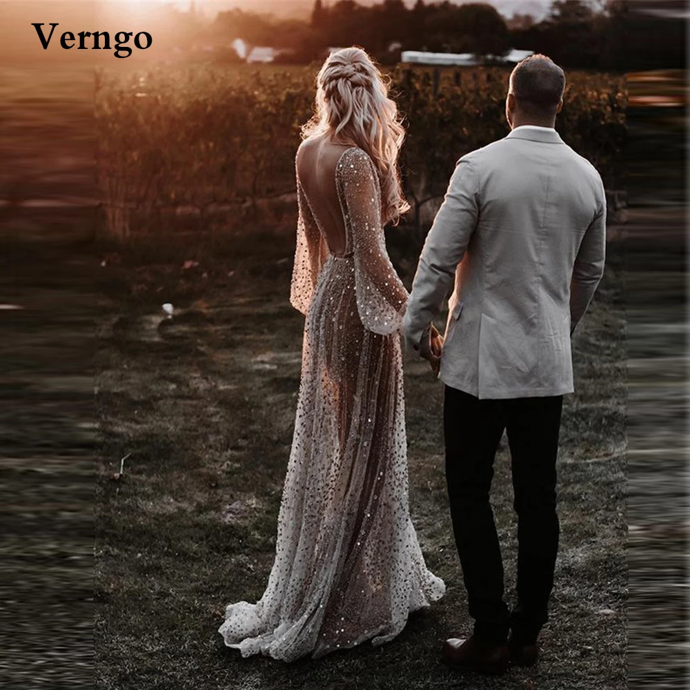 Verngo Glitter Sexy Backless Wedding Dress Long Sleeves V Neck Outdoor Bridal Party Gowns Nude Champagne Lining Formal Dress
Verngo Glitter Sexy Backless Wedding Dress Long Sleeves V Neck Outdoor Bridal Party Gowns Nude Champagne Lining Formal Dress