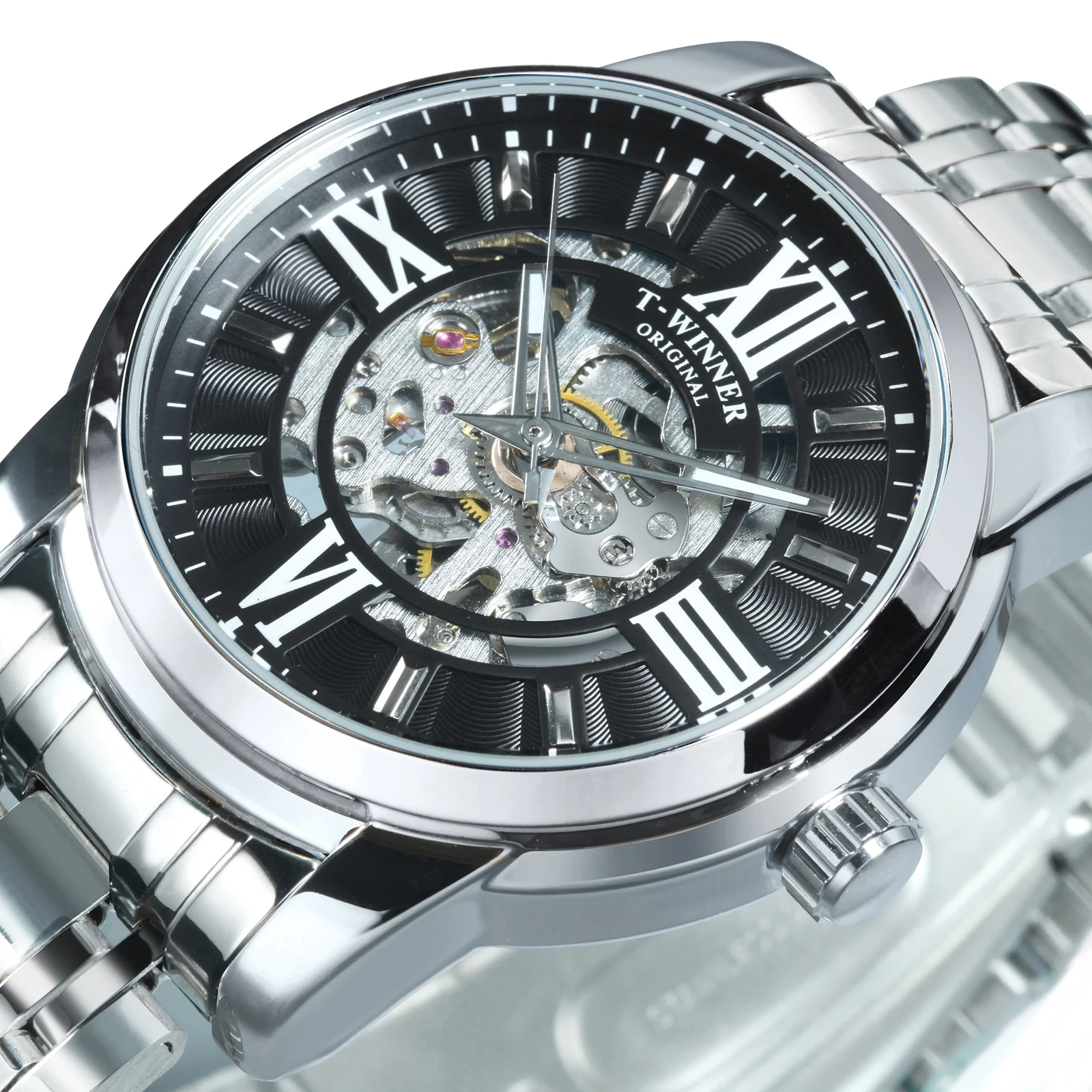 

Часы наручные WINNER мужские механические, брендовые Роскошные автоматические Серебристые часы-скелетоны с браслетом из нержавеющей стали, 2020