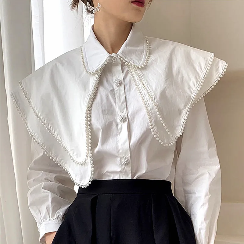 

Luxury Women Shirts Big Colar Beaded Blouses Black White Long Sleeve Ruffles Party Elegant Woman Shirts Tunic Blouses NZ182