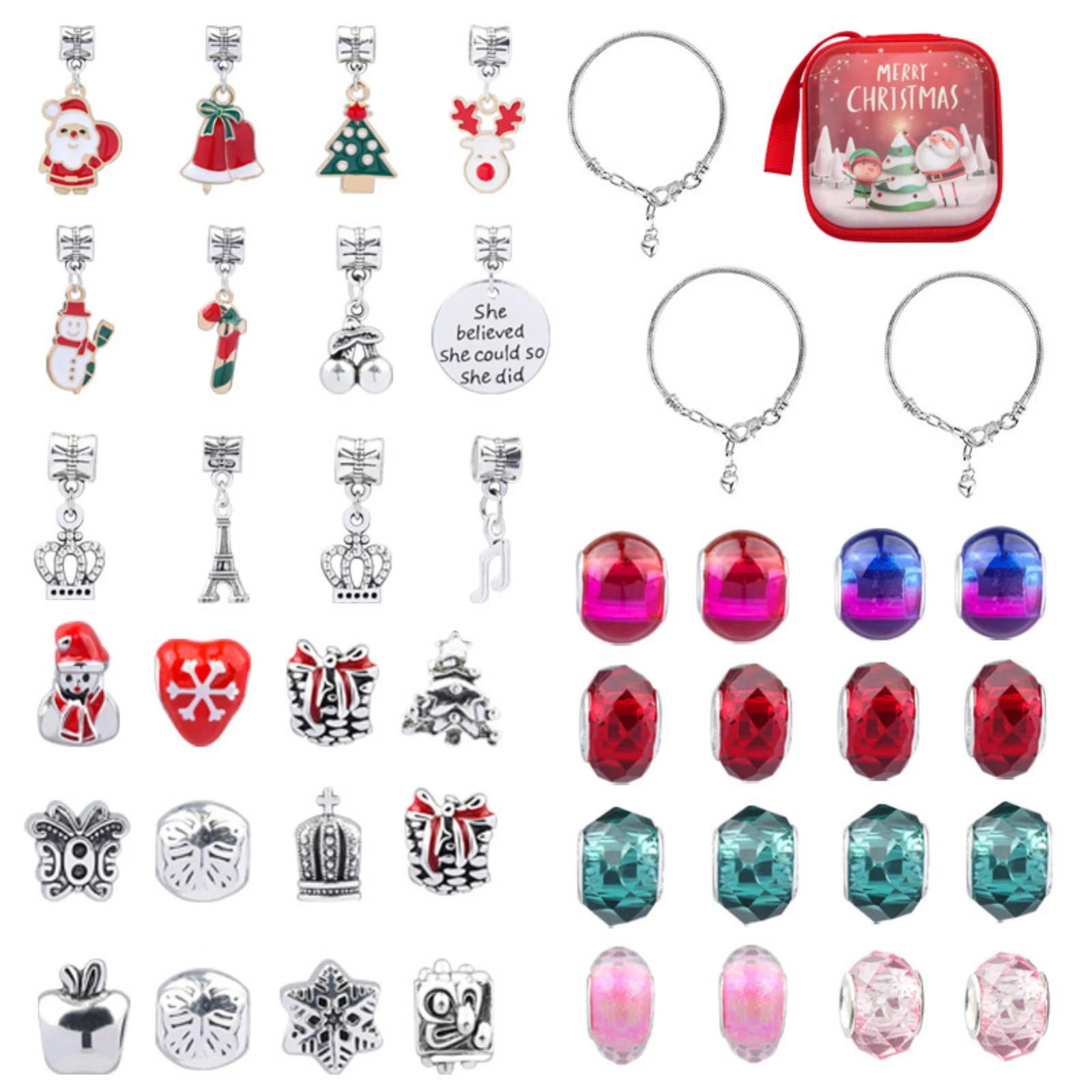 

Christmas Advent Calendar Pendant DIY Charm Bracelet For Girls Christmas Snowman Elk Snowflake Ornaments DIY Colorful Bracelet