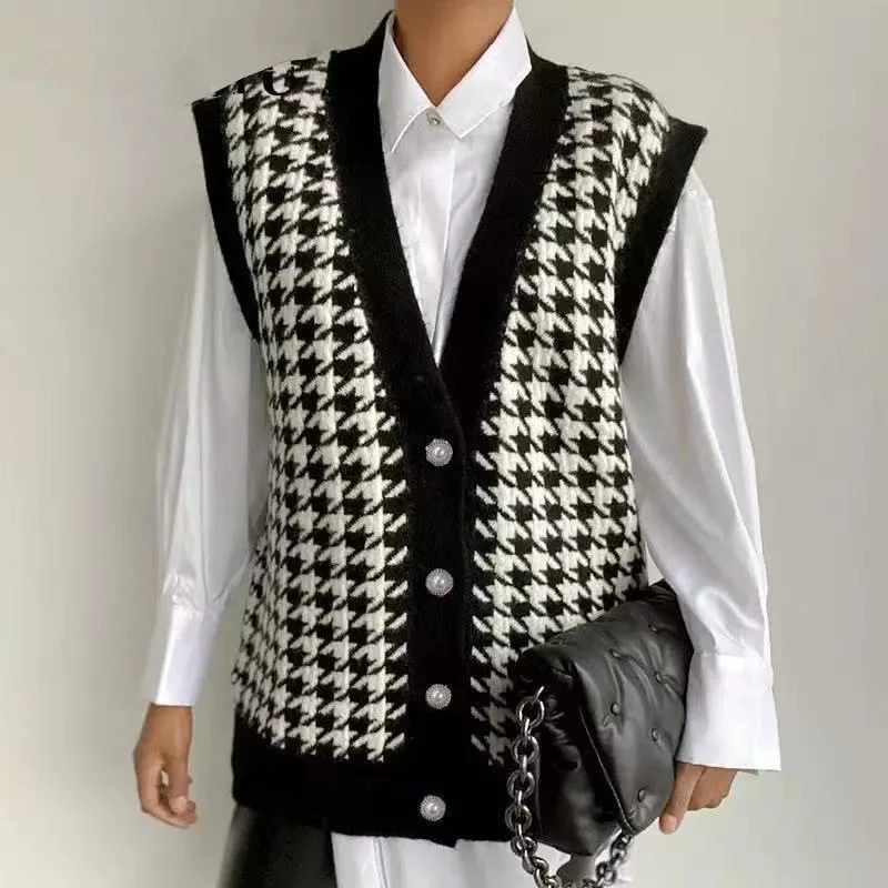 Knit Cardigan Vest 2021 Fall Winter New European And American Houndstooth V-neck Loose Sleeveless Jacket Vest
Knit Cardigan Vest 2021 Fall Winter New European And American Houndstooth V-neck Loose Sleeveless Jacket Vest