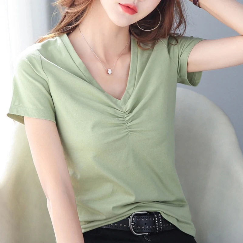 Summer Tshirts Fold Tops Tee Shirt Female Clothes Fashion Casual All match Basis T Shirt Women Korean Simple Cotton Short Sleeve
Summer Tshirts Fold Tops Tee Shirt Female Clothes Fashion Casual All match Basis T Shirt Women Korean Simple Cotton Short Sleeve