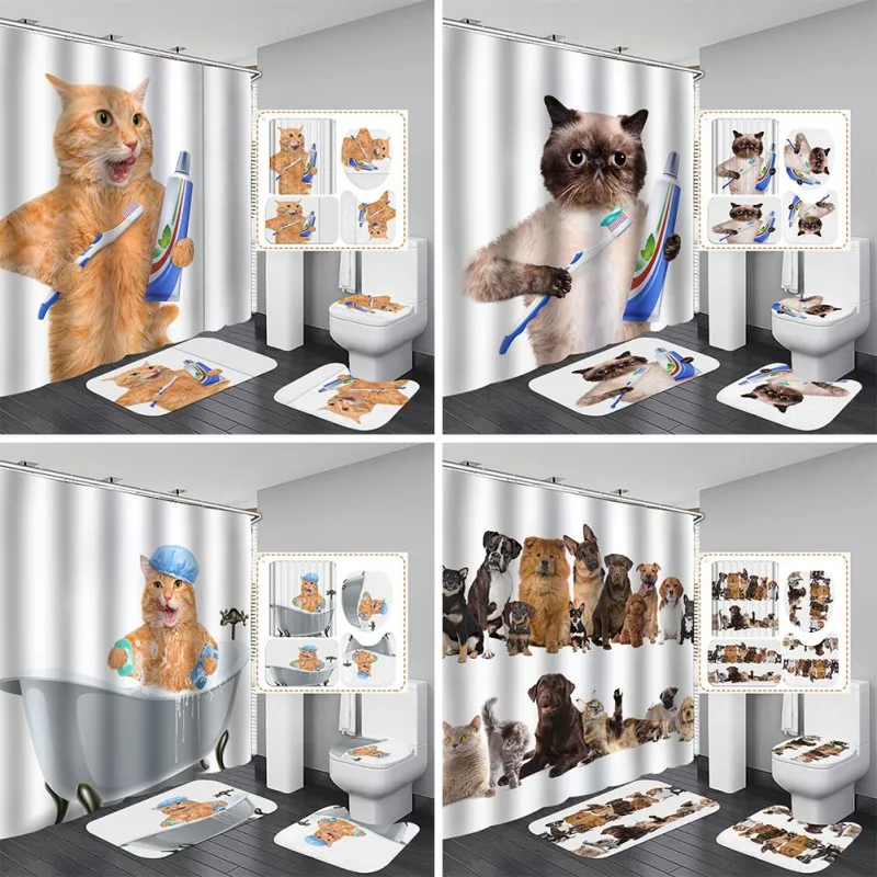 Funny Cat Brush Teeth Shower Curtain 4pcs/set Mat U-shaped cushion Toilet seat Covers with 12 Hooks Polyester Fabric Curtain
Funny Cat Brush Teeth Shower Curtain 4pcs/set Mat U-shaped cushion Toilet seat Covers with 12 Hooks Polyester Fabric Curtain