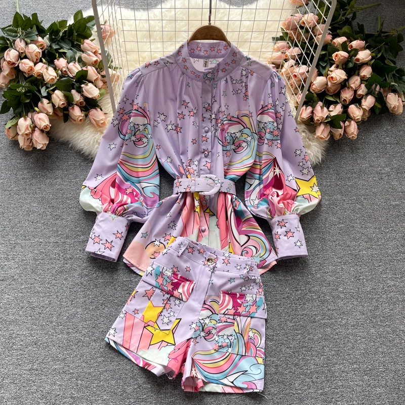 Autumn 2 Piece Set Women Sets Purple Star Printed Lantern Sleeve Blouse Short Suits Fashion 2021 Casual Hight Waist Shorts New
Autumn 2 Piece Set Women Sets Purple Star Printed Lantern Sleeve Blouse Short Suits Fashion 2021 Casual Hight Waist Shorts New