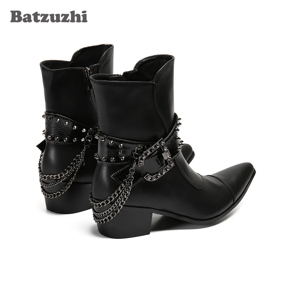 

Batzuzhi Pointed Toe Leather Ankle Boots Men Buckles Chains Punk Motorcycle Western Cowboy Boots Men Botas Hombre,Big Sizes US12