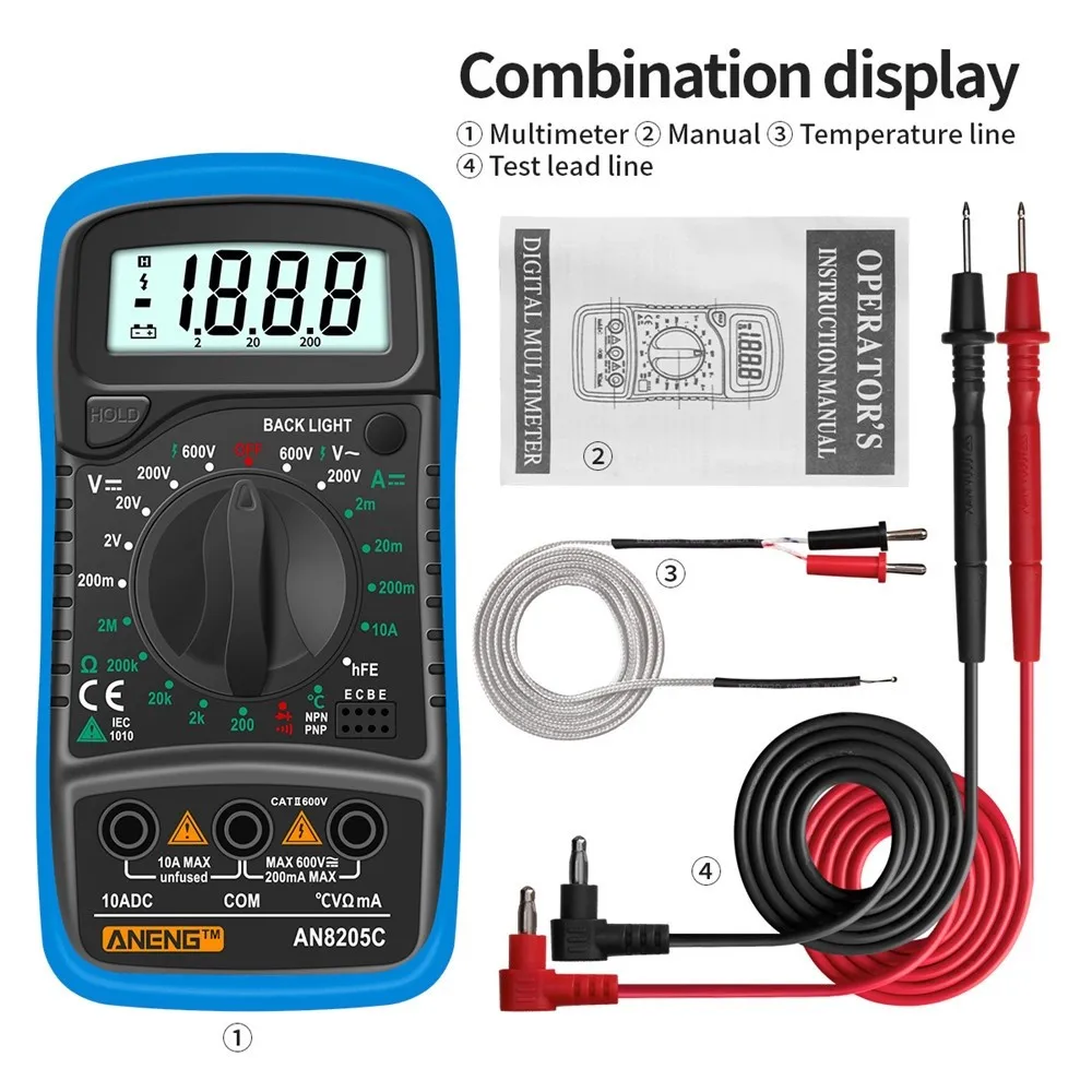 4Pcs ANENG AN8205C Digital Multimeter Kit AC / DC Ammeter Volt Ohm Tester LCD Display Measuring Meter Detectors
4Pcs ANENG AN8205C Digital Multimeter Kit AC / DC Ammeter Volt Ohm Tester LCD Display Measuring Meter Detectors