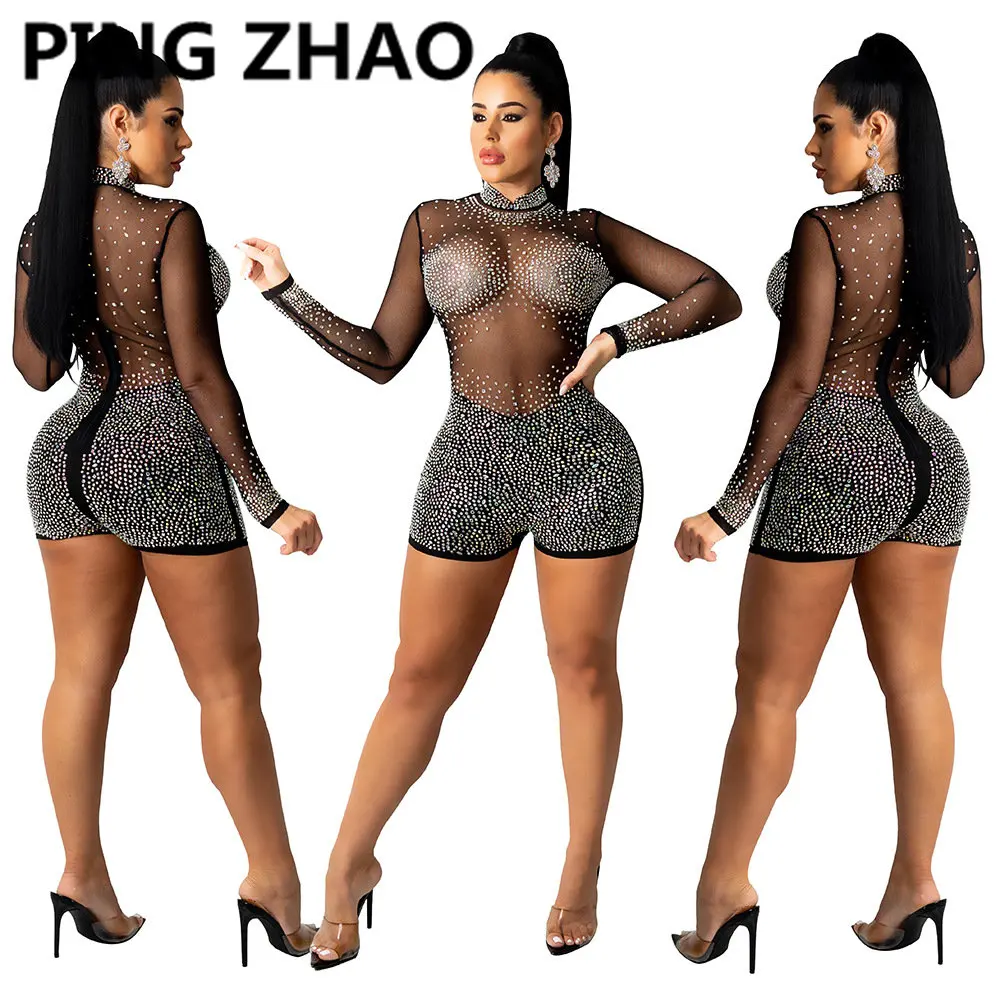 PING ZHAO Diamonds Sheer Mesh Shorts Jumpsuit Women Long Sleeve Sexy Fashion Night Club Overalls
PING ZHAO Diamonds Sheer Mesh Shorts Jumpsuit Women Long Sleeve Sexy Fashion Night Club Overalls