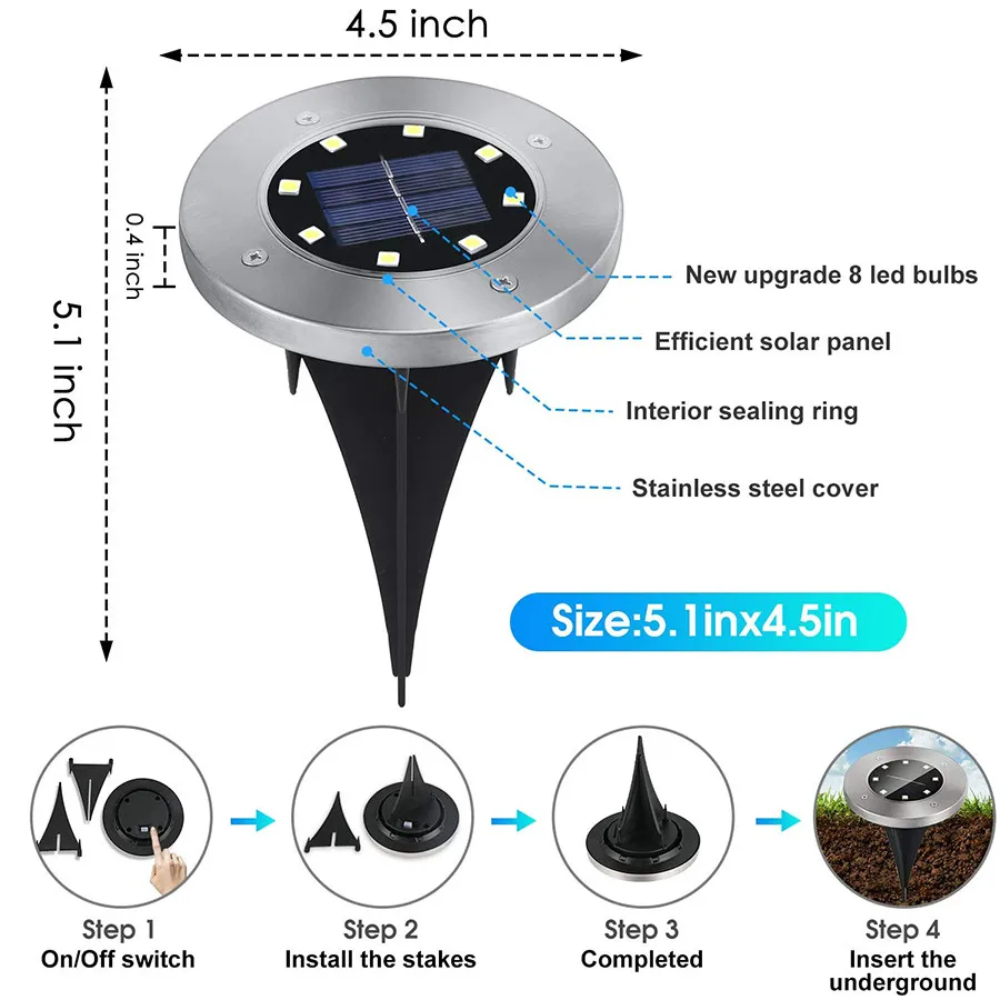 8 LED Solar Disk Lights Solar Ground Lights Outdoor Waterproof Solar Step Stair Light For Garden Patio Pathway Lawn Driveway 
8 LED Solar Disk Lights Solar Ground Lights Outdoor Waterproof Solar Step Stair Light For Garden Patio Pathway Lawn Driveway