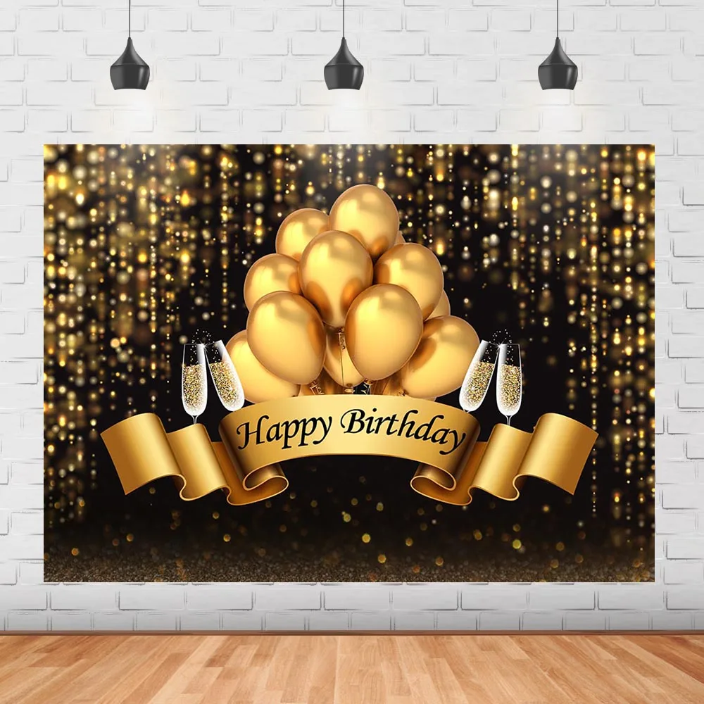 

Adult Birthday Party Backdrop Gold Glitter Balloons Birthday Photo Background Golden Shining Dots Champagne Party Decor Banner