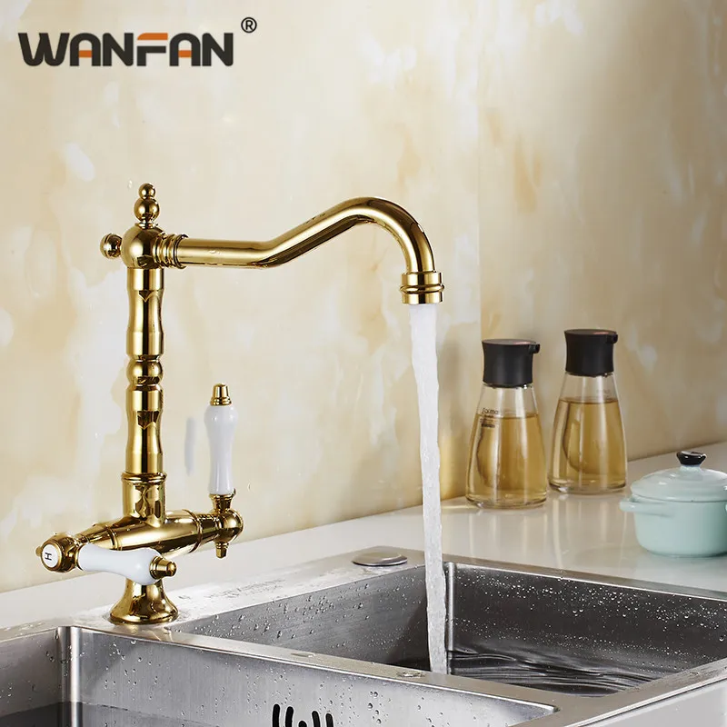 

Kitchen Sink Faucets 360 Degree Swivel Classic White Dual Handle Basin Taps Gold Color Single Hole torneira cozinha N22-104
