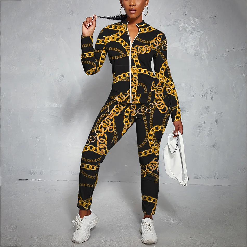 Loungewear Women Two Piece Outfits 2022 Wholesale Chain Print Slim Zipper Jacket Top Baggy Pants Sexy Fitness Wear
Loungewear Women Two Piece Outfits 2022 Wholesale Chain Print Slim Zipper Jacket Top Baggy Pants Sexy Fitness Wear