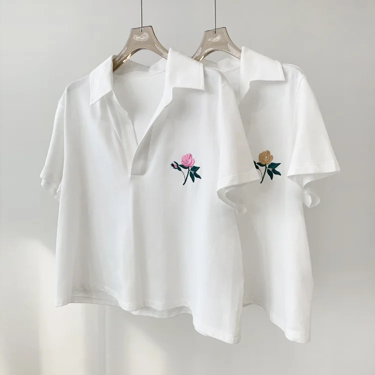 Embroidery Floral White Tees Women 100% Cotton Turn-down Collar Simple Short Sleeve Loose T-shirt Summer
Embroidery Floral White Tees Women 100% Cotton Turn-down Collar Simple Short Sleeve Loose T-shirt Summer