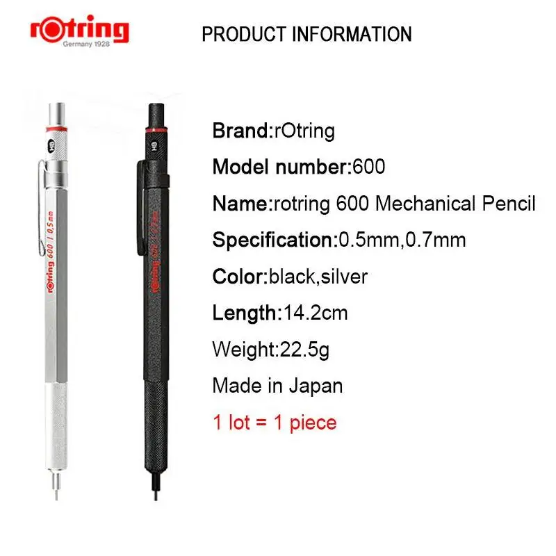 Rotring 600 0.5mm/0.7mm mechanical pencil silver/black metal automatic pencil school&office stationery 1 piece
Rotring 600 0.5mm/0.7mm mechanical pencil silver/black metal automatic pencil school&office stationery 1 piece