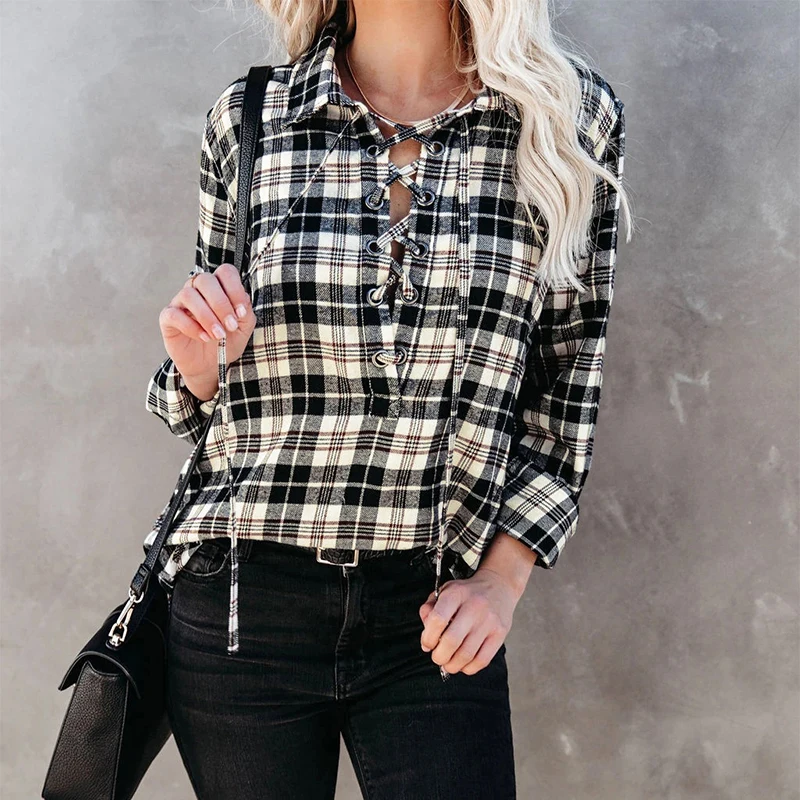 Girls Long Sleeve Loose Shirt, Autumn Ladies Leisure Style Temperament Lapel Plaid Placket Front Blouse Tie Up Tops
Girls Long Sleeve Loose Shirt, Autumn Ladies Leisure Style Temperament Lapel Plaid Placket Front Blouse Tie Up Tops